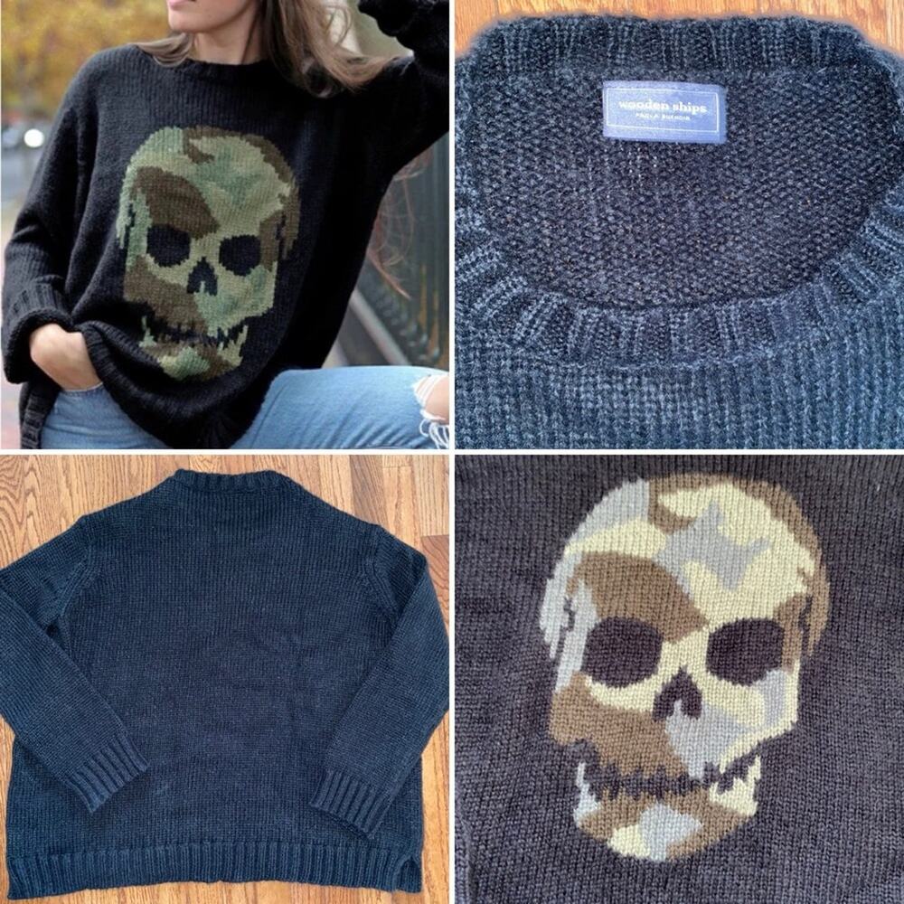 Wooden Ships Paola Buendia $150 Boyfriend Camo Skull Crew Sweater Med/Lg EUC